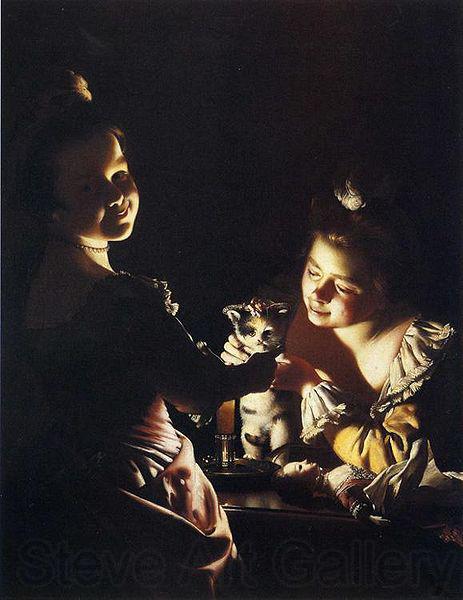 Joseph wright of derby Joseph Wright of Derby. Two Girls Dressing a Kitten Spain oil painting art